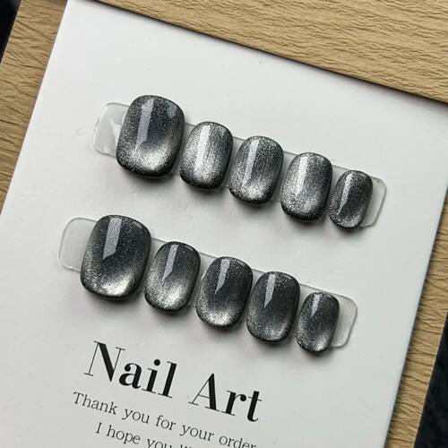 10Pcs Short Handmade Press on Nails Black Cat Eye Fake Nails