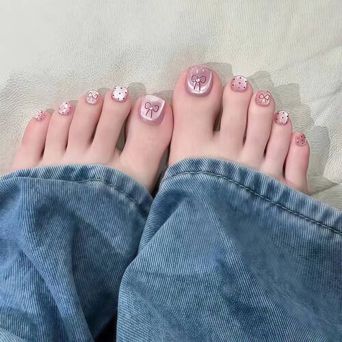 24pcs Light Pink Cat's Eye Press On Nails For Foot Simple Re