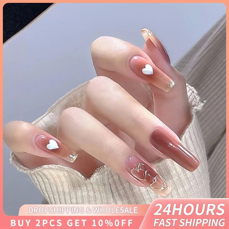 24pcs Fake Nails Long Square Love Heart Designed Rouge Nail