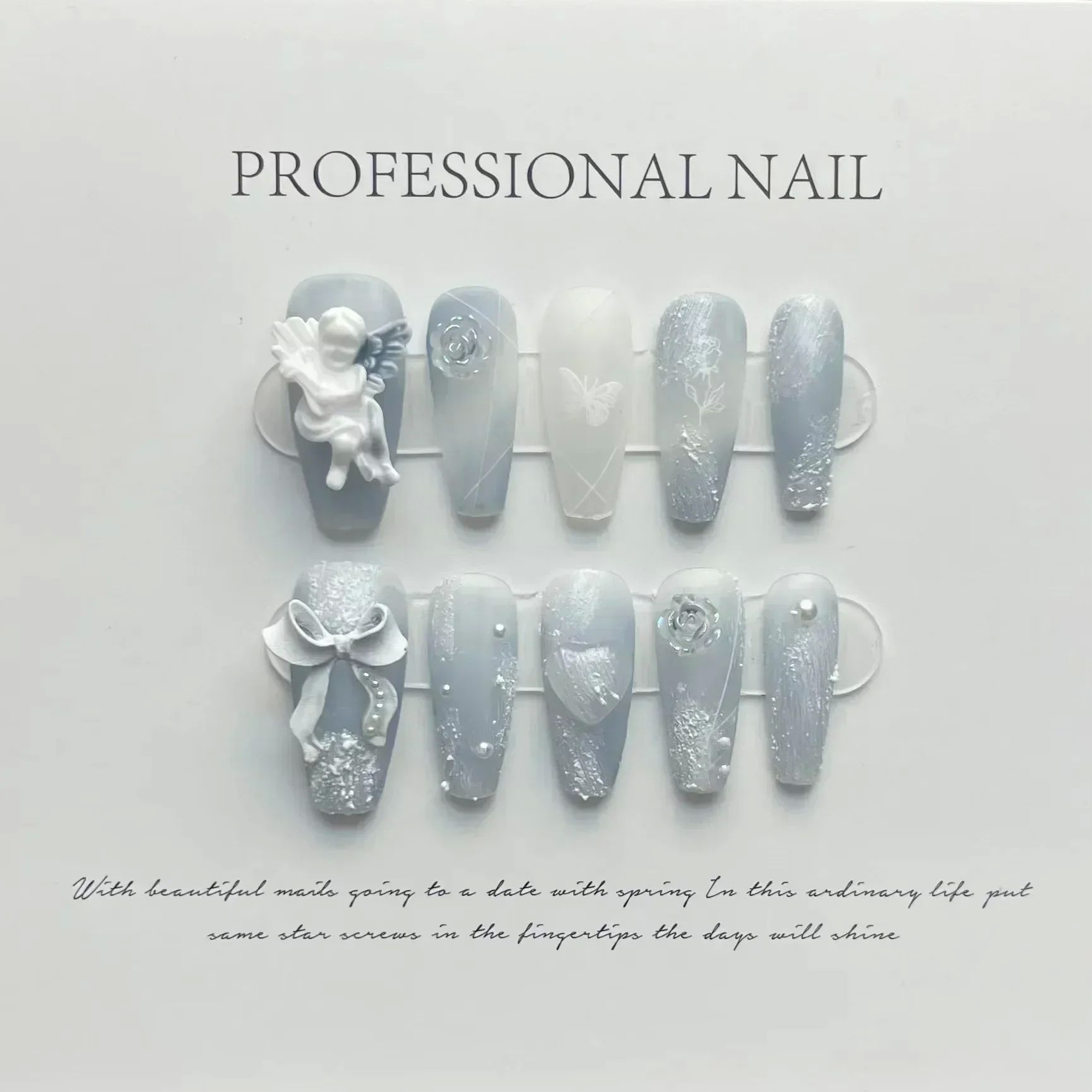 10Pcs Blue Handmade acrylic Nails Set Press on Professional 彩妆/香水/美妆工具 美甲工具 原图主图