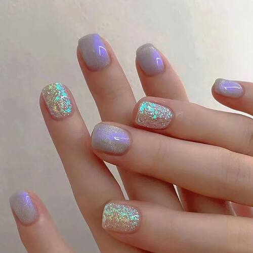 24pcs Purple Square False Nails Glitter Crystal Short French