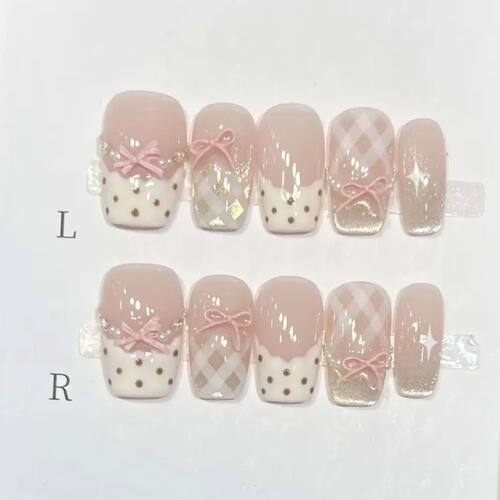 10Pcs Sweet Mid-length Ballet False Nails ArtPink Cat Eye Lo