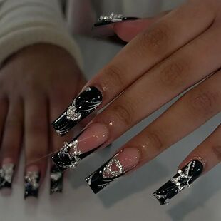 24Pcs Black Long Coffin False Nails Star Heart with Rhinesto