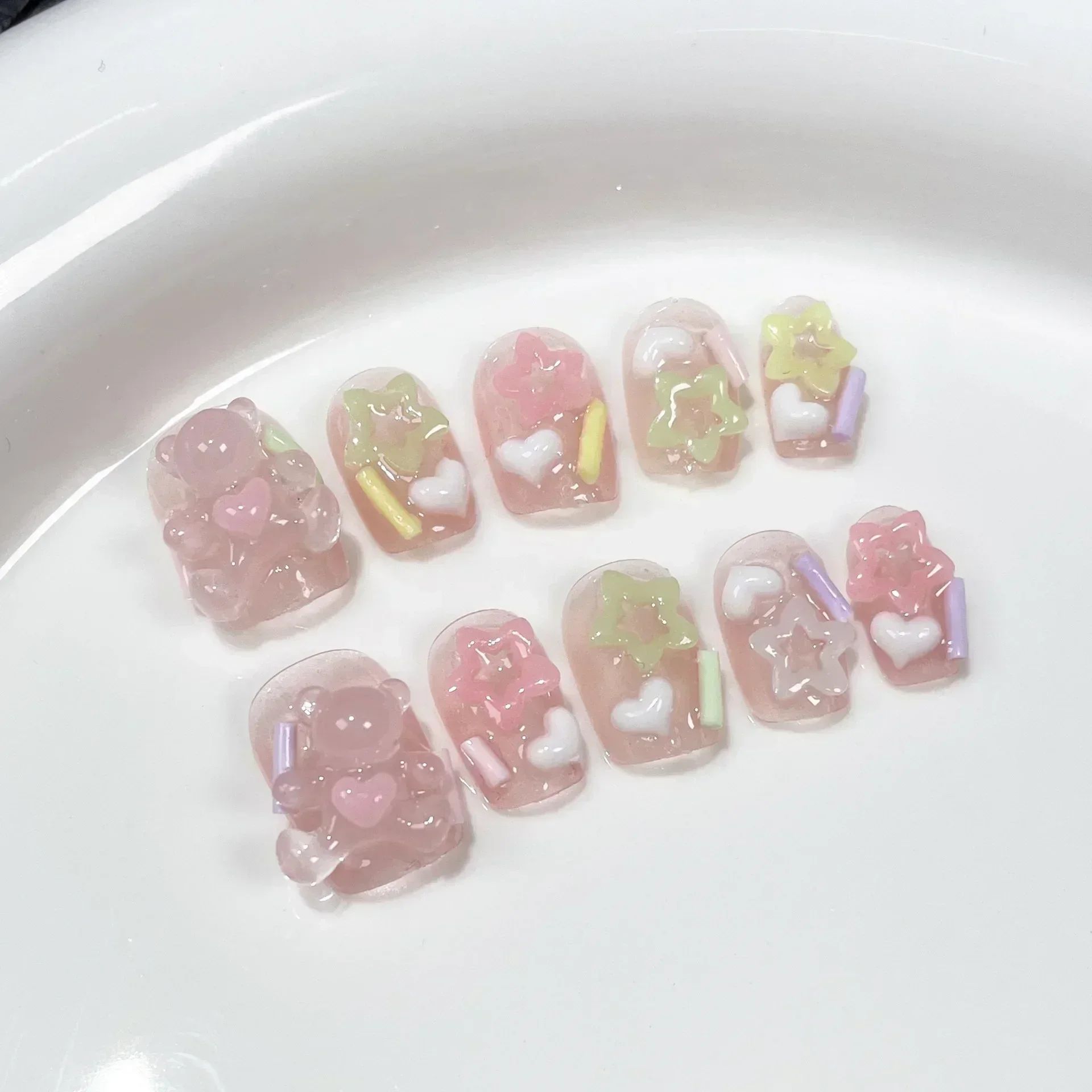 10Pcs Pink Handmade Press On Nails Full Cover Bear Heart Des