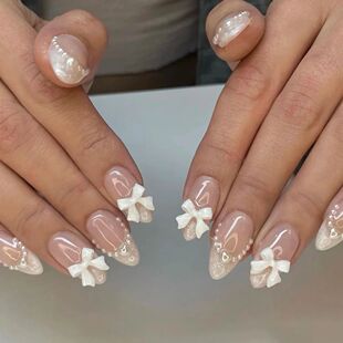 24pcs(+Tools) Pearl Bow Nude Pink Press On Nails White Frenc