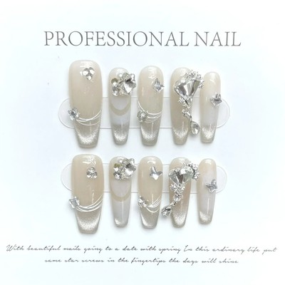 10Pcs Long Handmade Press On Nails Full Cover Rhinestone Des