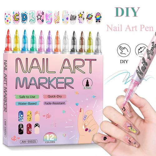 12 Color Nail Art Pens 0.7MM,Waterproof Quick-Drying Nail Po