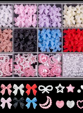 12grid/box Mixed Bow Ribbon Nail Art Resin Charms Five-petal
