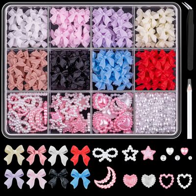 12grid/box Mixed Bow Ribbon Nail Art Resin Charms Five-petal