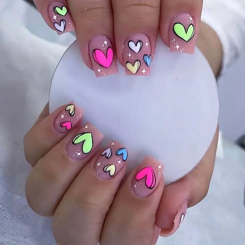 24Pcs Matte Short Square False Nails, Colorful Heart Design