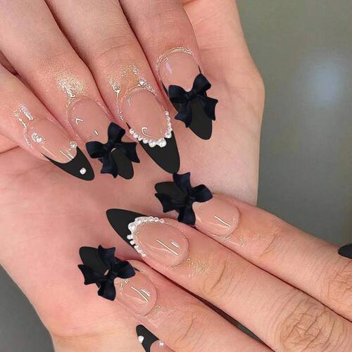 24PCS Press Black French Edge Almond False Nails With Pearl