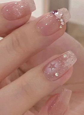 24Pcs Glitter Diamond Press On Nails Blush Pink Cat Eye Fake