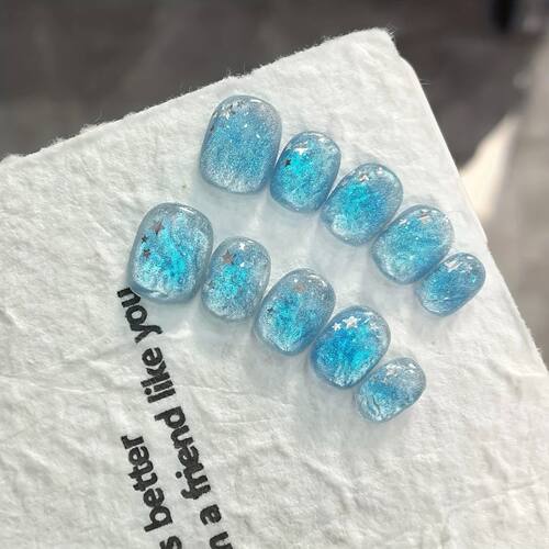 10pcs Handmade Press on Nail Ice Blue Ocean Star Ice-transpa