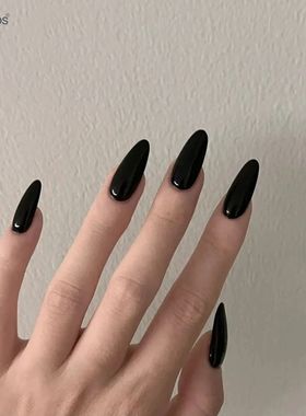 Almond Mid-length Black Fake Nail Solid Color Press on Nails
