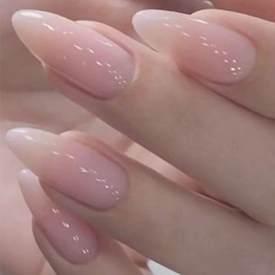 24Pcs Wearable False Nails with Glue Simple French Pink Ball
