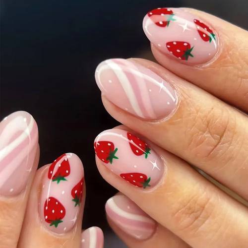 24pcs Short Glossy Oval Fake Nails Cute Sweet Strawberry Fak
