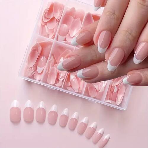 120 PCS Box Almond Shaped Pink Nail Piece White French Press