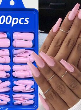 100pcs PINK Artificial Finger Nail Set Full Cover Long Balle