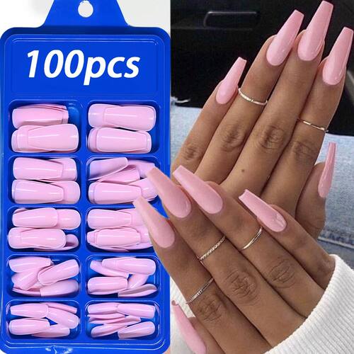 100pcs PINK Artificial Finger Nail Set Full Cover Long Balle