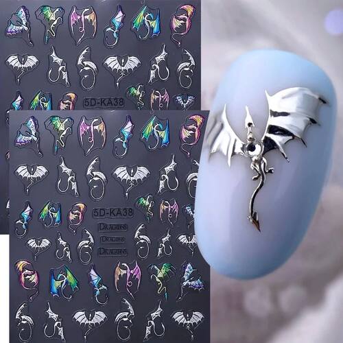 Metallic Silver ChameleonDragon Nail Art Stickers Evil Bat F