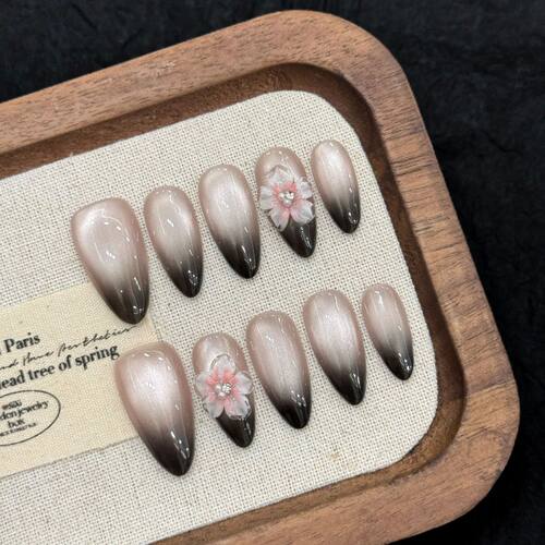 10pcs Gradient Black French Style Press On Nails Hand-carved