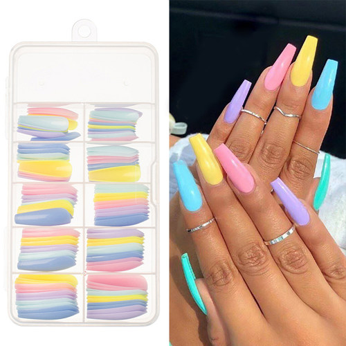 100Pcs Colorful Acrylic False Long Coffin Nails Fake Nails F