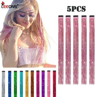 5Pcs/Pack Sparkle Hair Extensions Clip In Rainbow Shiny Spar