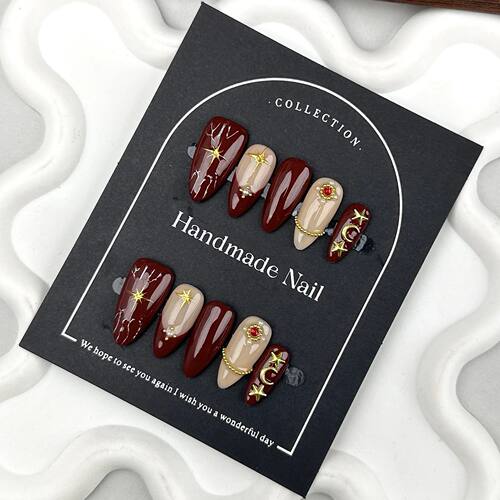 10pcs Nude Wine Red Press On Nails With Pearl Star Moon Shap