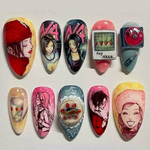 24pcs Anime Pattern Nails Tips Colorful Almond Press on Nail
