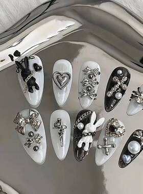 10pcs personalized black and white nail art, rabbit and bow