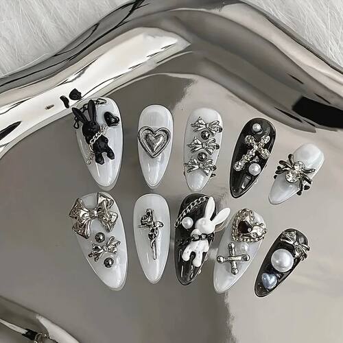 10pcs personalized black and white nail art, rabbit and bow