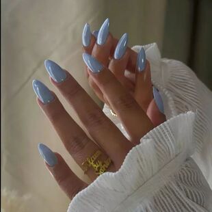 24pcs Blue Glossy Almond Press on Nails Long Girls Reusable