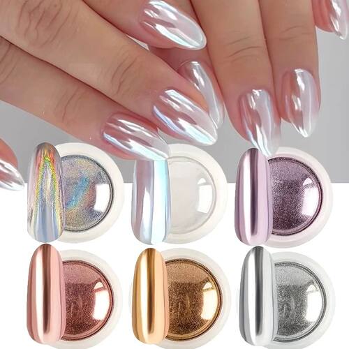 6pcs Chrome Mirror White Nail Powder Pigment Gold Silver Rub