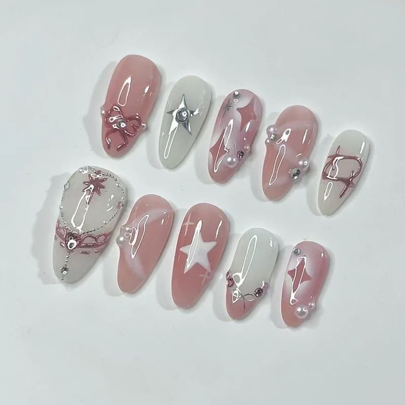 24PCS Pink Star Bow Press on Nail Gentle Blush French Almond