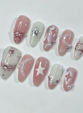 24PCS Pink Star Bow Press on Nail Gentle Blush French Almond
