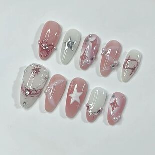24PCS Pink Star Bow Press on Nail Gentle Blush French Almond
