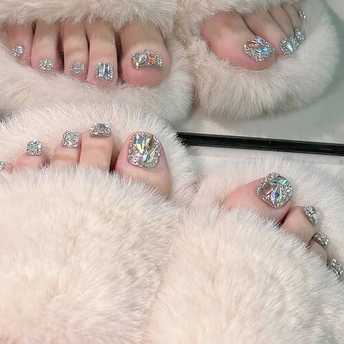 24pcs Colorful Sparkling Diamond False Toe Nails With Design