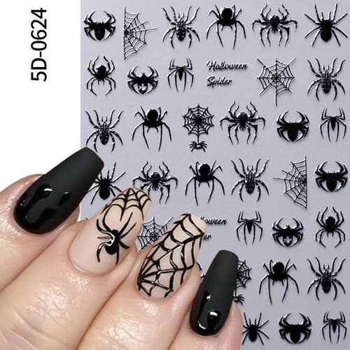 1Pcs 5D Black Halloween Spider Nail Stickers Multi-designs B