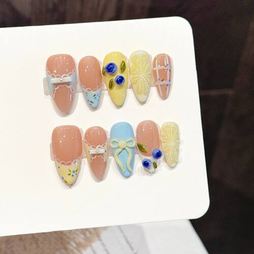 10pcs Style Handmade False Nails 3D Lemon Blueberry Bowknots