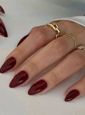 Manicure Long Almond False Nails Simple Cherry Color Press o