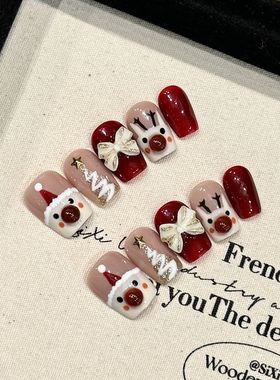Handmade Christmas Press on Nails Cute Bow Deer Design Fake