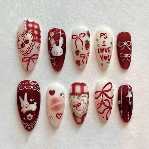 30Pcs Butterfly Cartoon Rabbit Press on Nails Medium Almond