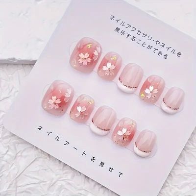 10Pcs Handmade Nails Gentle Pink with Cherry Blossom&Glitter