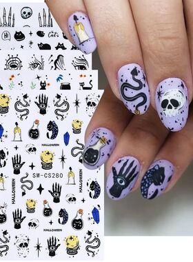 5pcs Halloween Nail Stickers Cartoon Cat Ghost Skull Hand De