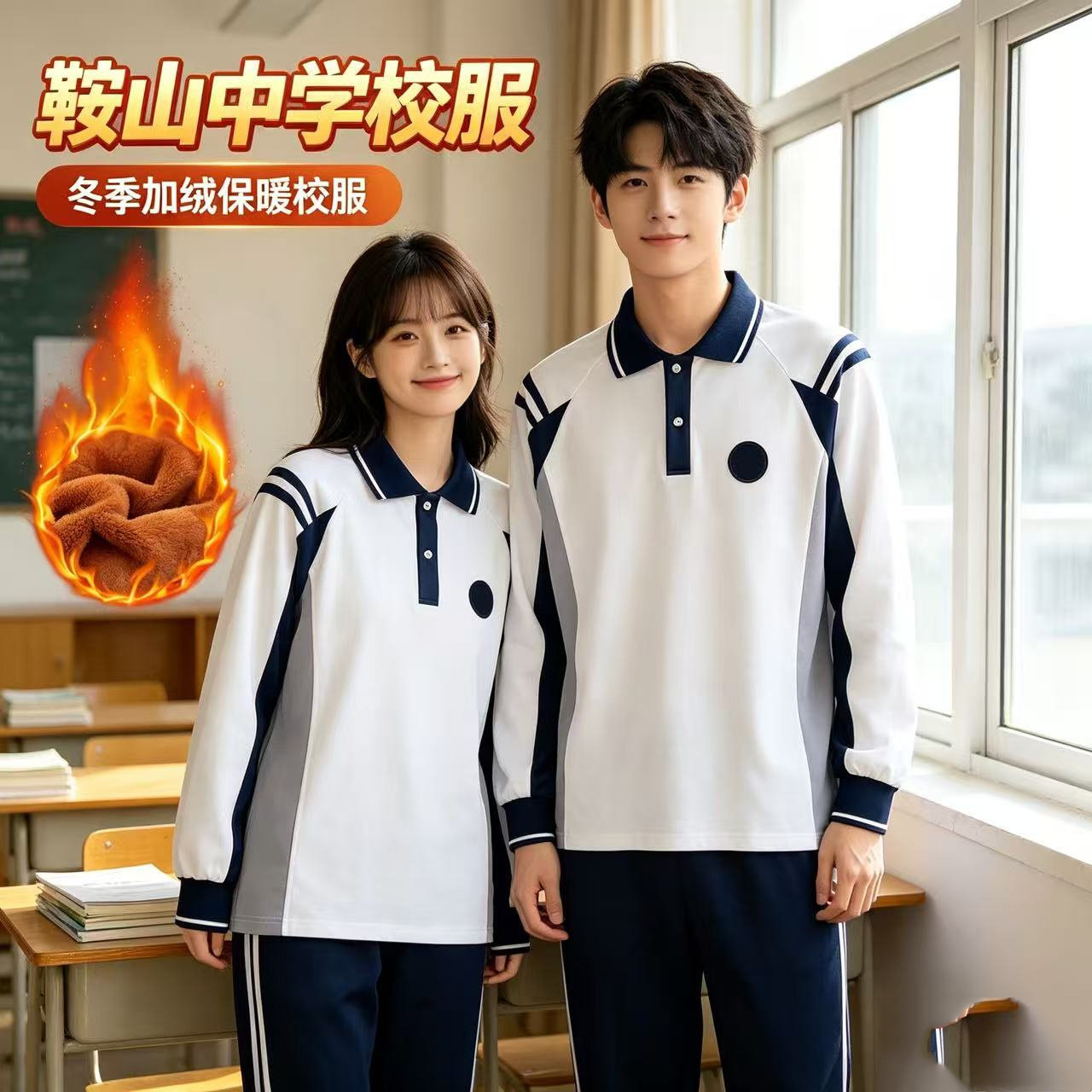 冬季加绒保暖长袖翻领校服套装