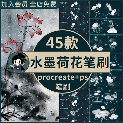 水墨国风荷花莲花花卉传统古典国画装饰插画procreate笔刷ps笔刷