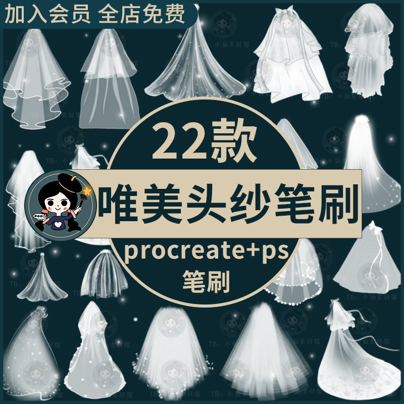 唯美浪漫婚纱头纱飘沙新娘婚礼头饰装饰素材procreate笔刷ps笔刷