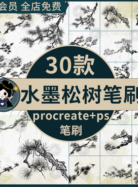 水墨风松树procreate笔刷ps笔刷国中国风水墨国画松树迎客松盆景