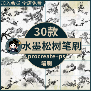 水墨风松树procreate笔刷ps笔刷国中国风水墨国画松树迎客松盆景