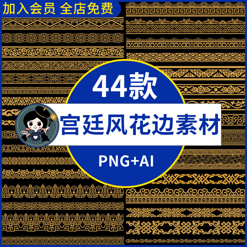 中国风传统中式古典宫廷风复古金色花边花纹边框png免抠图ai素材